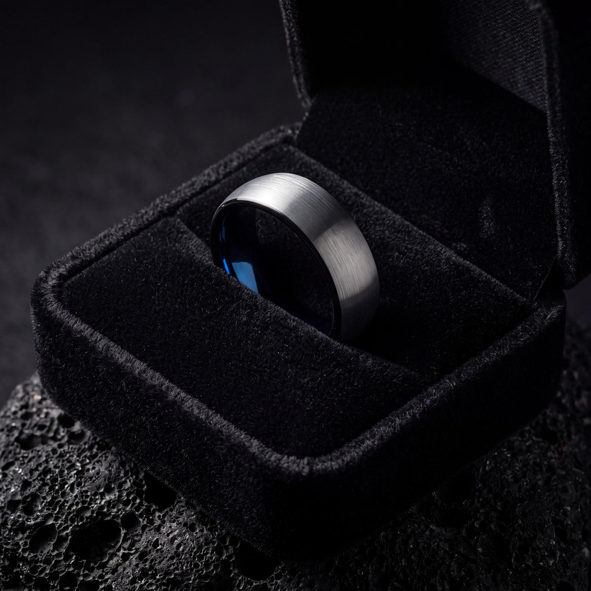 Textured Tungsten Wedding Band, Silver Ring, Blue Interior