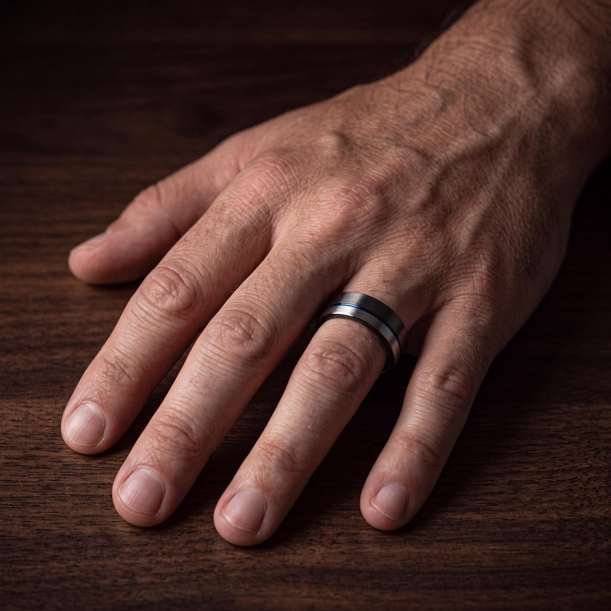 Gunmetal Tungsten Wedding Band Set, Blue Accent Line, Matching Rings