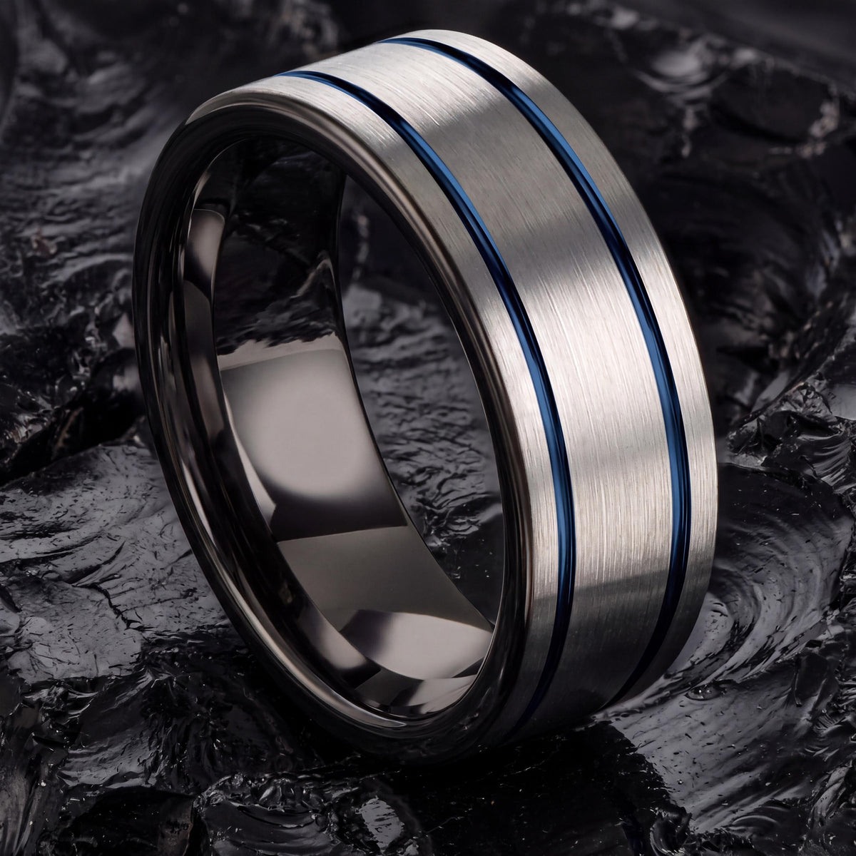 Tungsten Wedding Band,Matching Wedding Bands His and Hers,Contour Wedding Band,Male Wedding Band Gunmetal 8mm,Silver Band,Mens Rings Blue,10