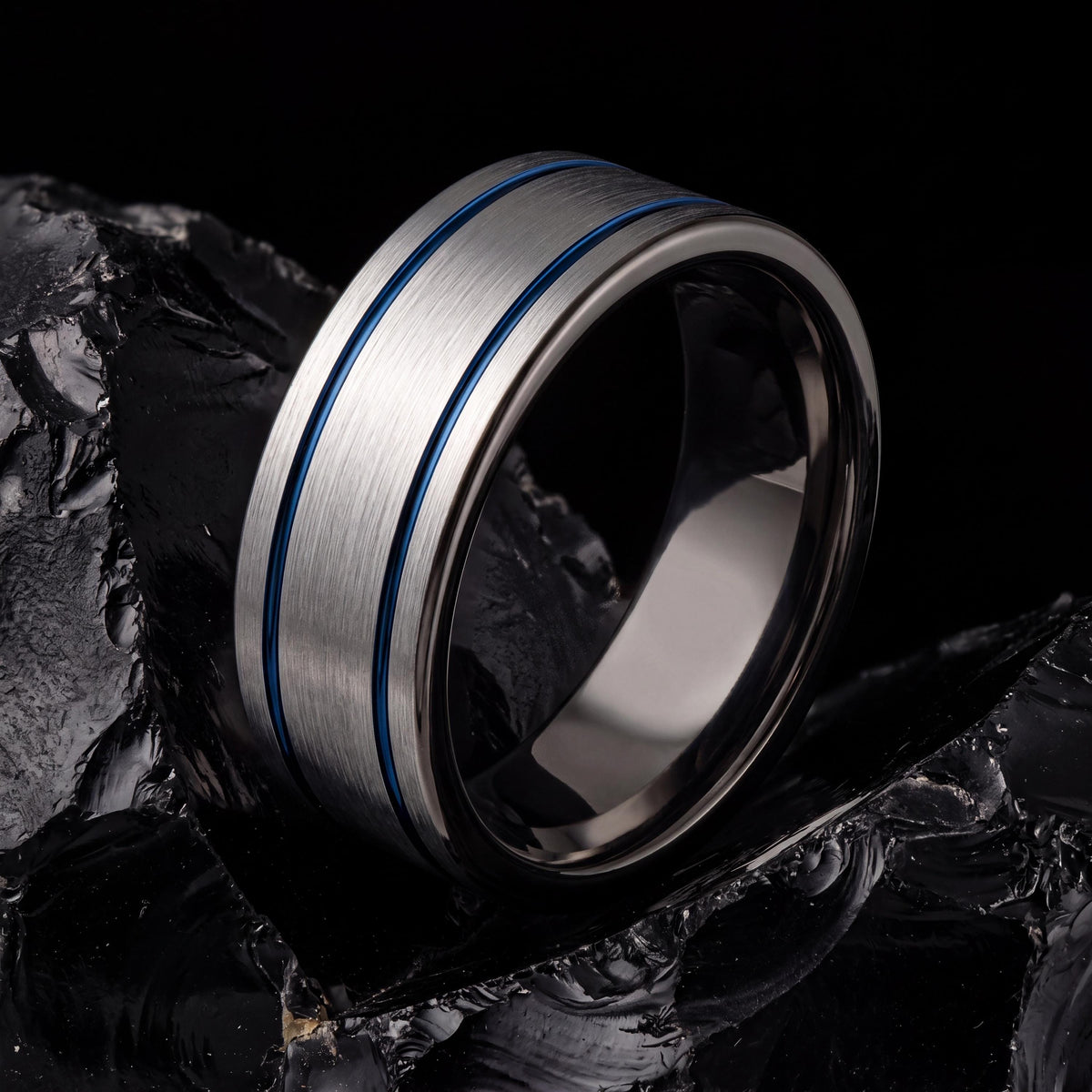 Tungsten Wedding Band,Matching Wedding Bands His and Hers,Contour Wedding Band,Male Wedding Band Gunmetal 8mm,Silver Band,Mens Rings Blue,10