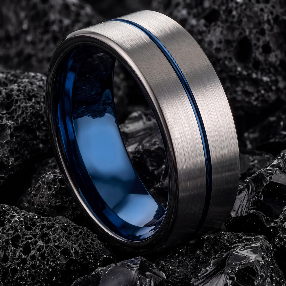 Mens Wedding Band,Mens Tungsten Wedding Band,Wedding Engagement Rings,Unique Matching Wedding Bands,Gunmetal,Gray,Dainty Blue Ring Stackable