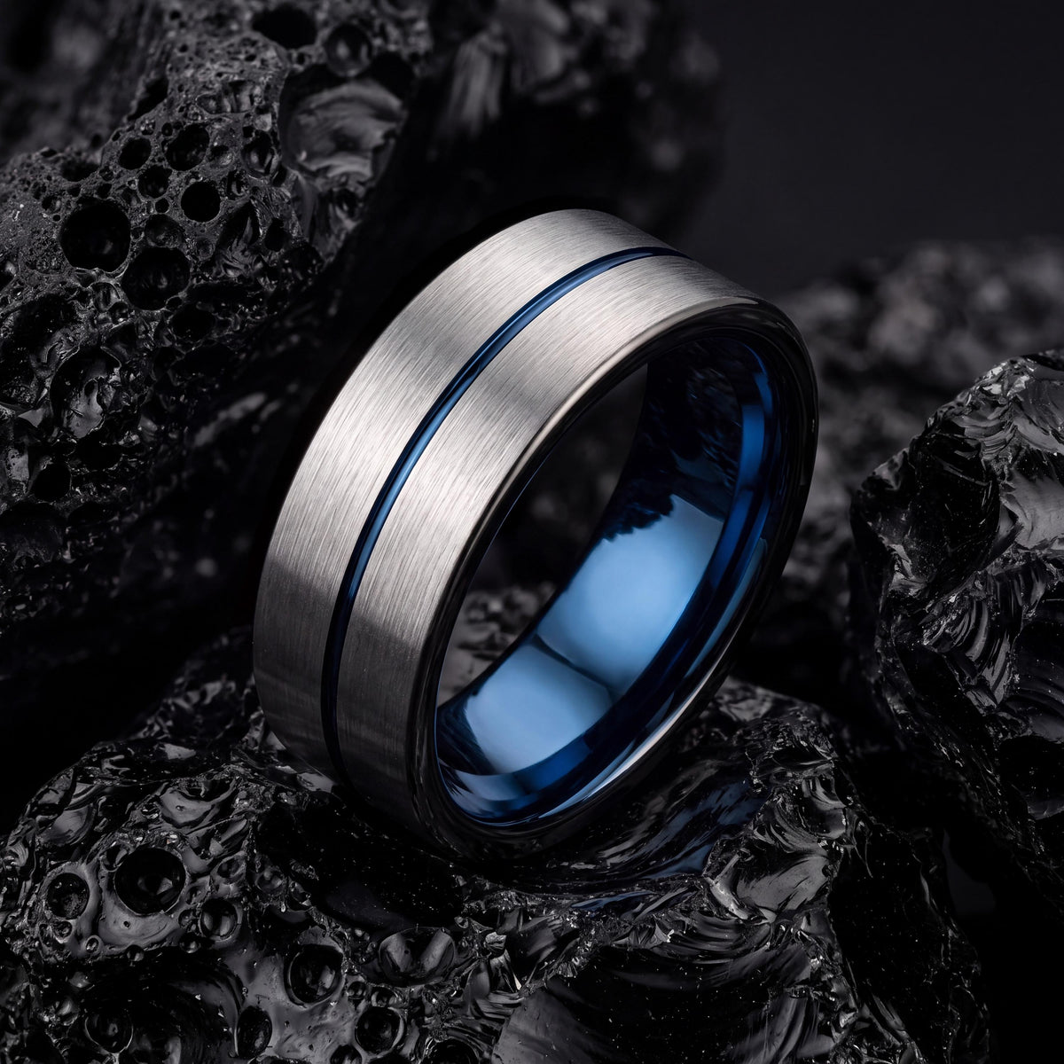 Mens Wedding Band,Mens Tungsten Wedding Band,Wedding Engagement Rings,Unique Matching Wedding Bands,Gunmetal,Gray,Dainty Blue Ring Stackable