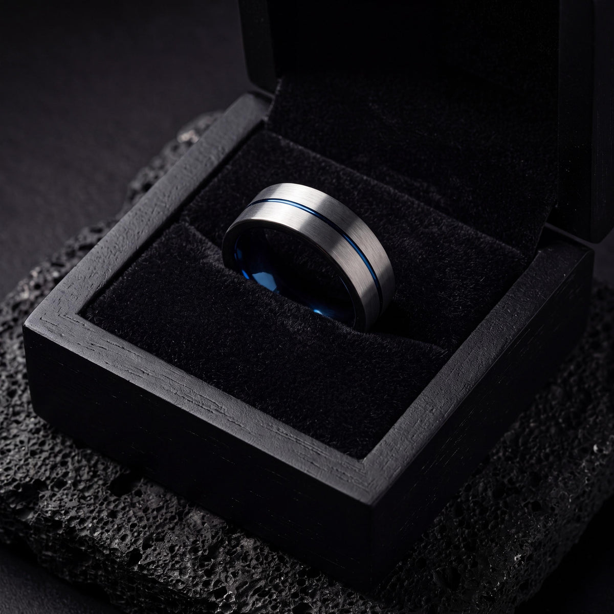 Mens Wedding Band,Mens Tungsten Wedding Band,Wedding Engagement Rings,Unique Matching Wedding Bands,Gunmetal,Gray,Dainty Blue Ring Stackable