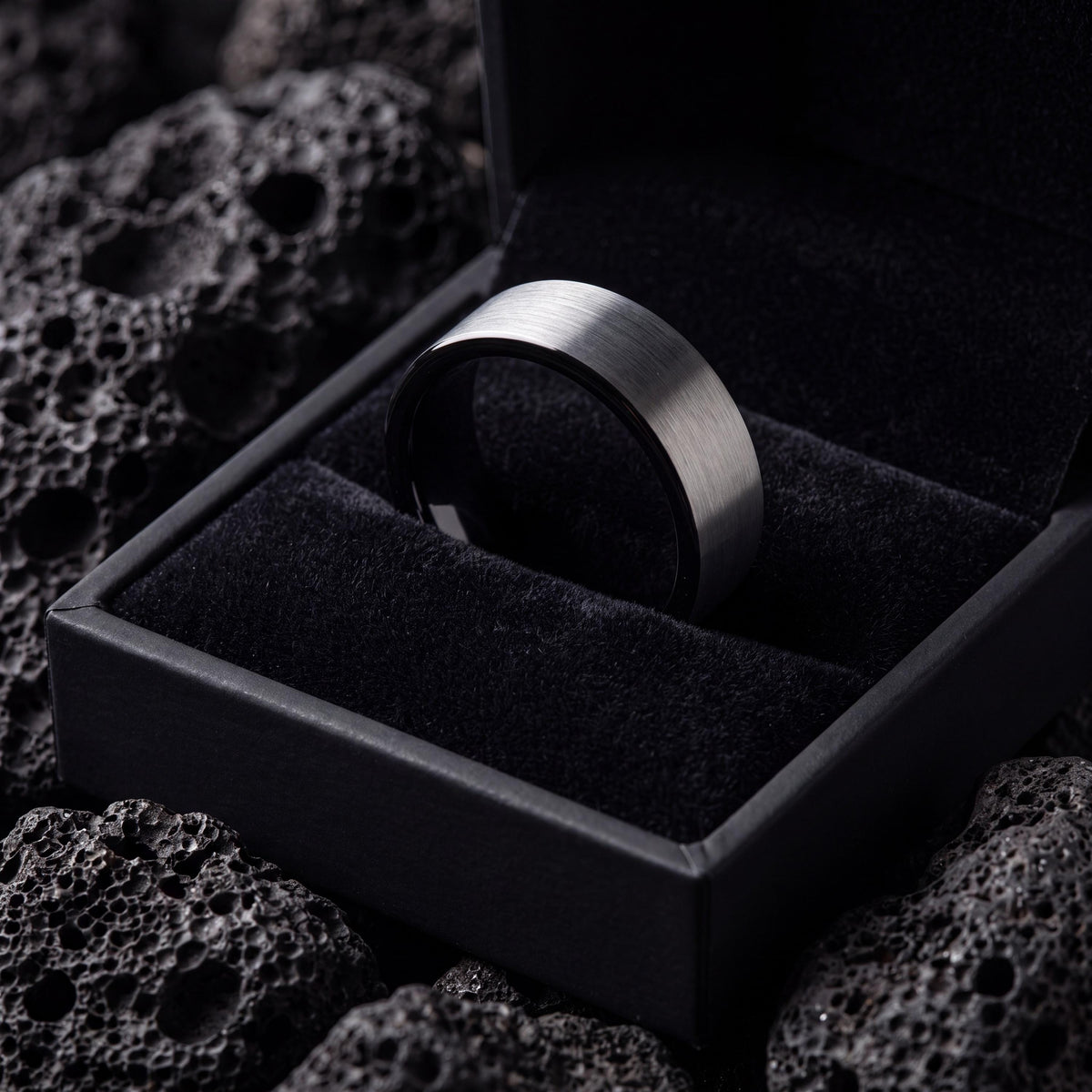 Tungsten Carbide Wedding Band, Black & Silver Bevel Ring, 6mm