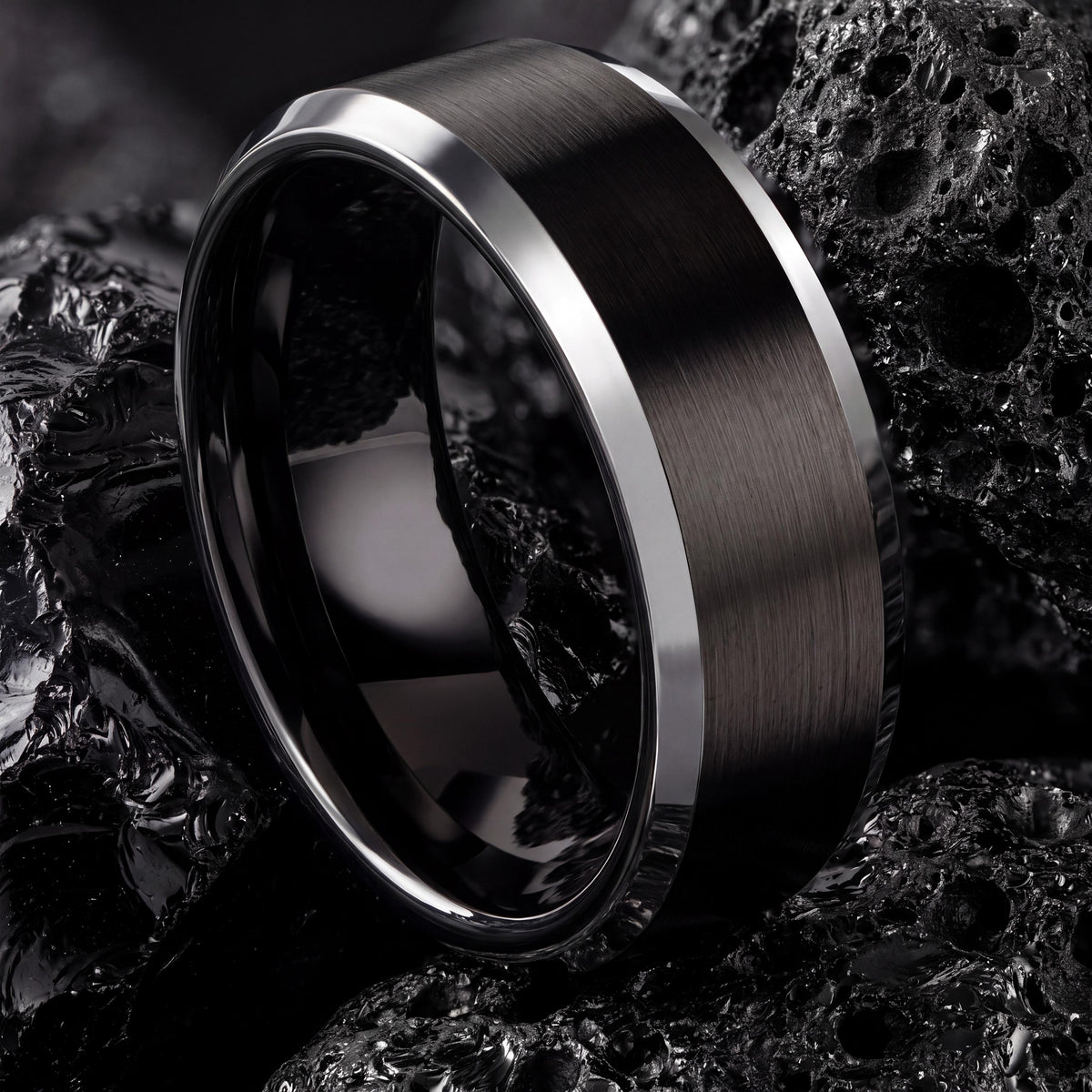 Mens Ring, Black Silver Tungsten Wedding Band, 6mm Beveled Edge, Jewelry, Custom, Personalized, Minimalist, Handmade, Gift for Boyfriend