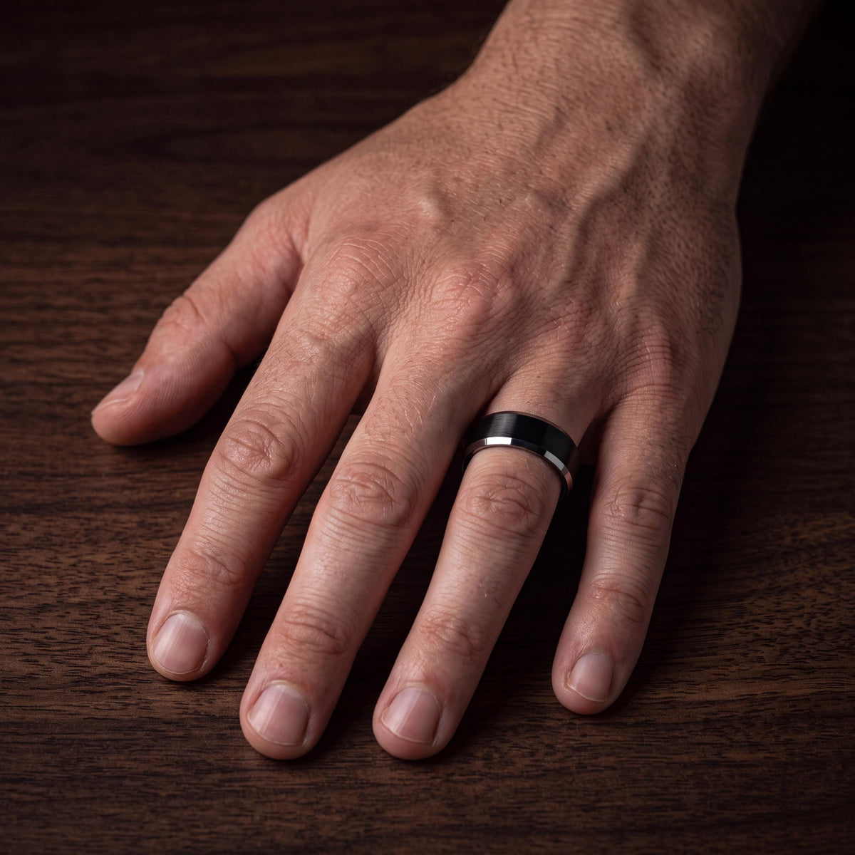 Mens Ring, Black Silver Tungsten Wedding Band, 6mm Beveled Edge, Jewelry, Custom, Personalized, Minimalist, Handmade, Gift for Boyfriend