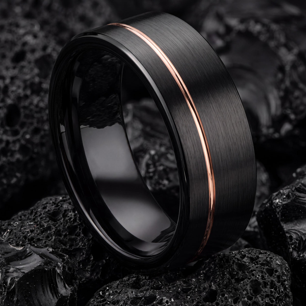Scratch Proof Comfort Fit Mens Wedding Band, Black Rose Gold Tungsten Ring, 8mm Flat, Custom Engraved, Personalized, Gift for Him