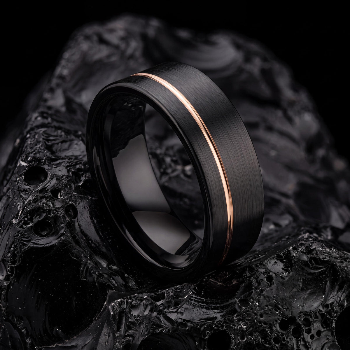 Scratch Proof Comfort Fit Mens Wedding Band, Black Rose Gold Tungsten Ring, 8mm Flat, Custom Engraved, Personalized, Gift for Him