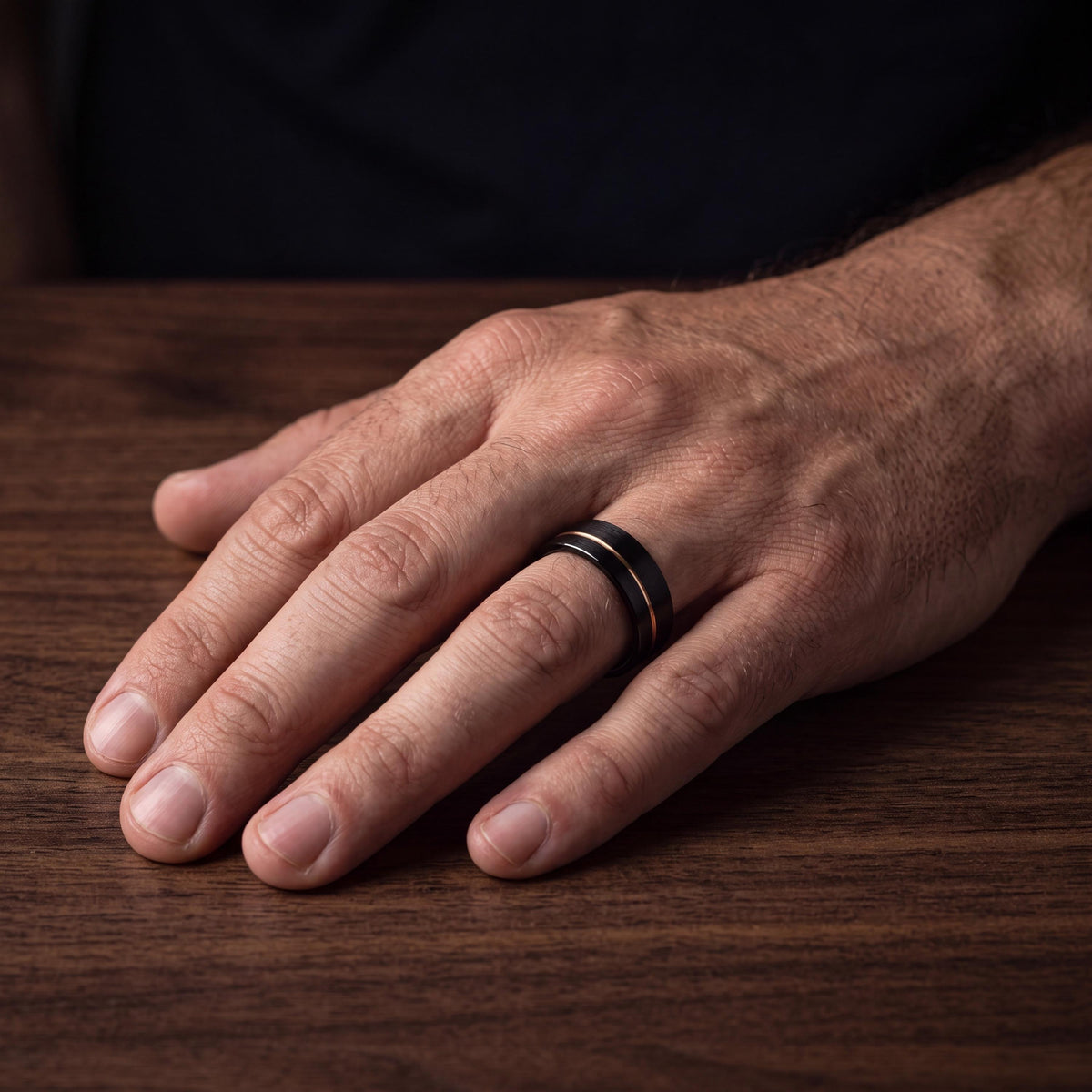 Scratch Proof Comfort Fit Mens Wedding Band, Black Rose Gold Tungsten Ring, 8mm Flat, Custom Engraved, Personalized, Gift for Him