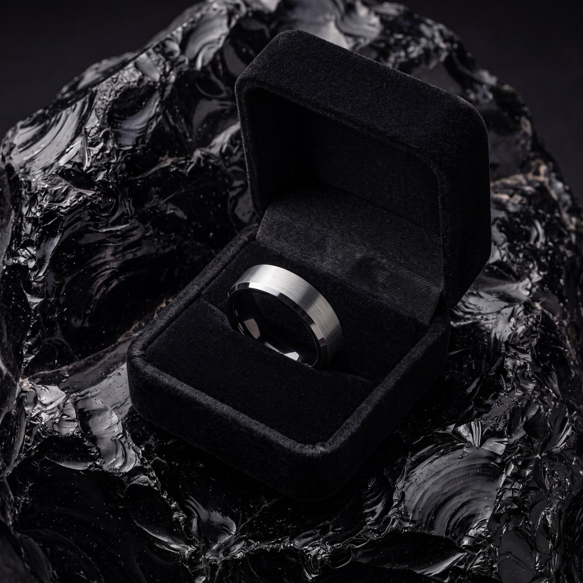 Custom Engraved Ring, Black Silver Tungsten Wedding Band, 8mm Beveled Edge, Jewelry, Personalized, Minimalist, Handmade, Gift for Husband