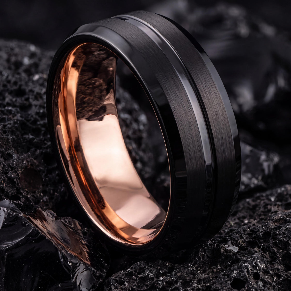 Black Tungsten Wedding Band, Rose Gold Comfort Fit