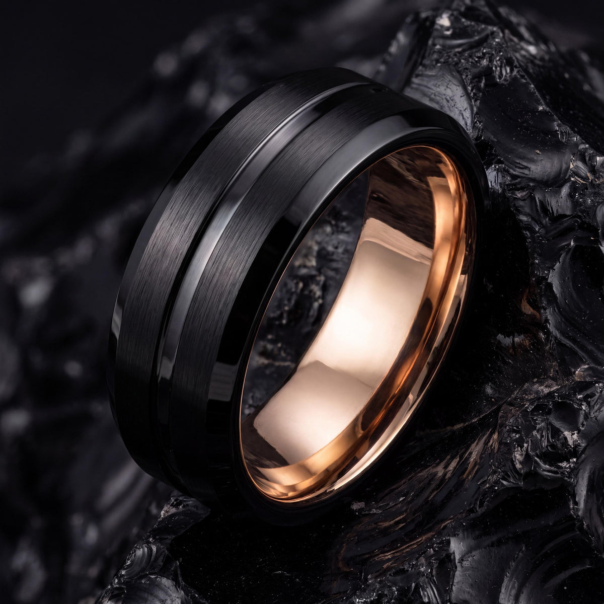 Black Tungsten Wedding Band, Rose Gold Comfort Fit