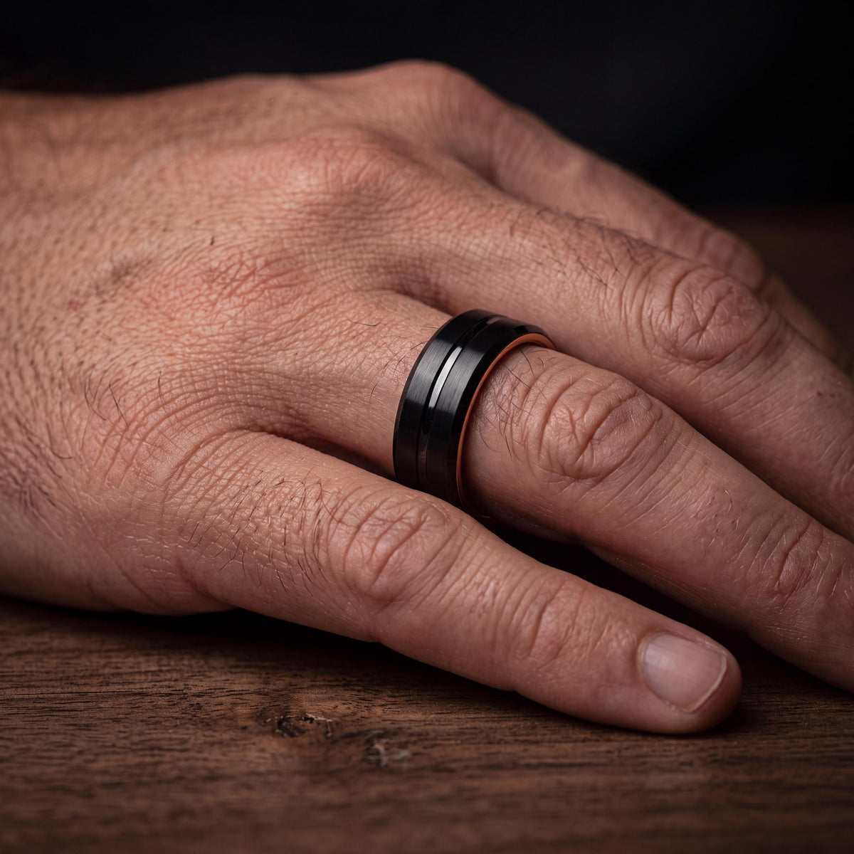 Black Tungsten Wedding Band, Rose Gold Comfort Fit