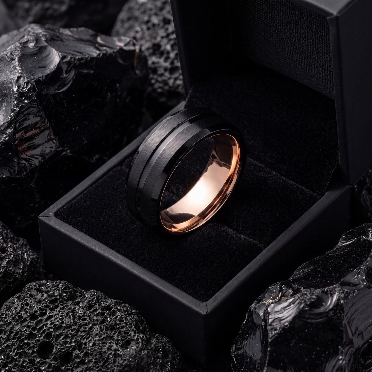 Black Tungsten Wedding Band, Rose Gold Comfort Fit