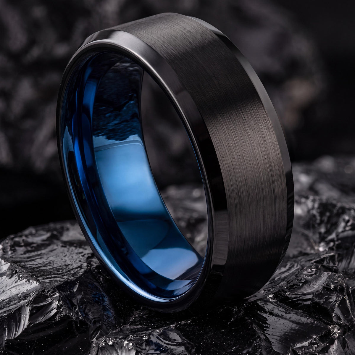 Mens Wedding Ring Blue, Brushed Black Tungsten Ring 6mm, Engagement Ring, Couple Promise Ring, Personalized Gifts for Her, Ring for Wife