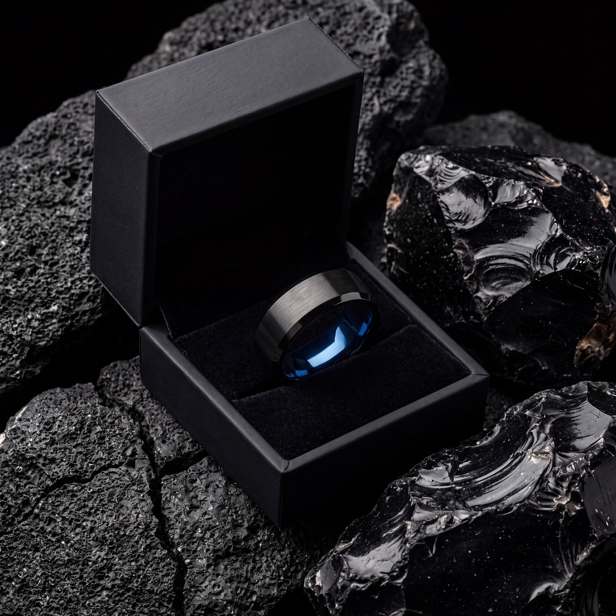 Mens Wedding Ring Blue, Brushed Black Tungsten Ring 6mm, Engagement Ring, Couple Promise Ring, Personalized Gifts for Her, Ring for Wife