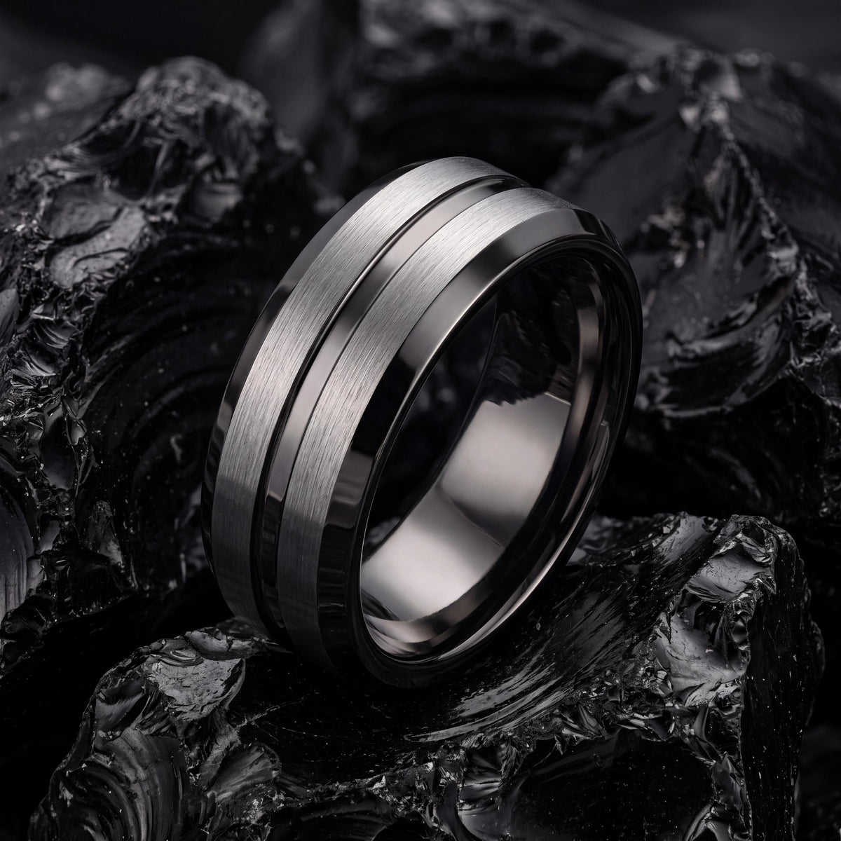 Gunmetal Tungsten Wedding Band, 8mm Silver Inlay, Comfort Fit