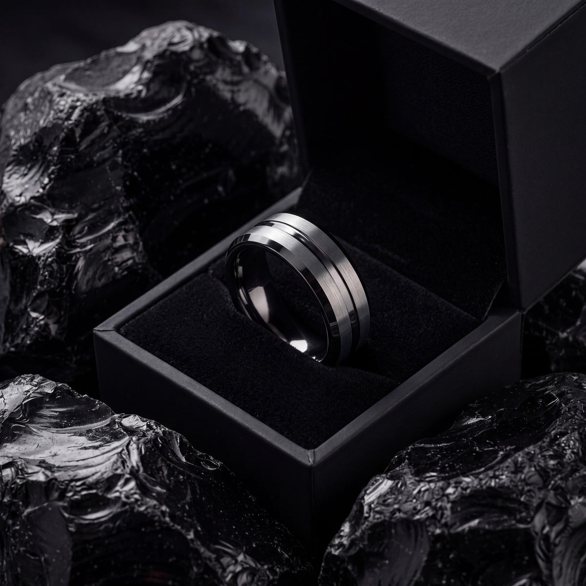 Gunmetal Tungsten Wedding Band, 8mm Silver Inlay, Comfort Fit
