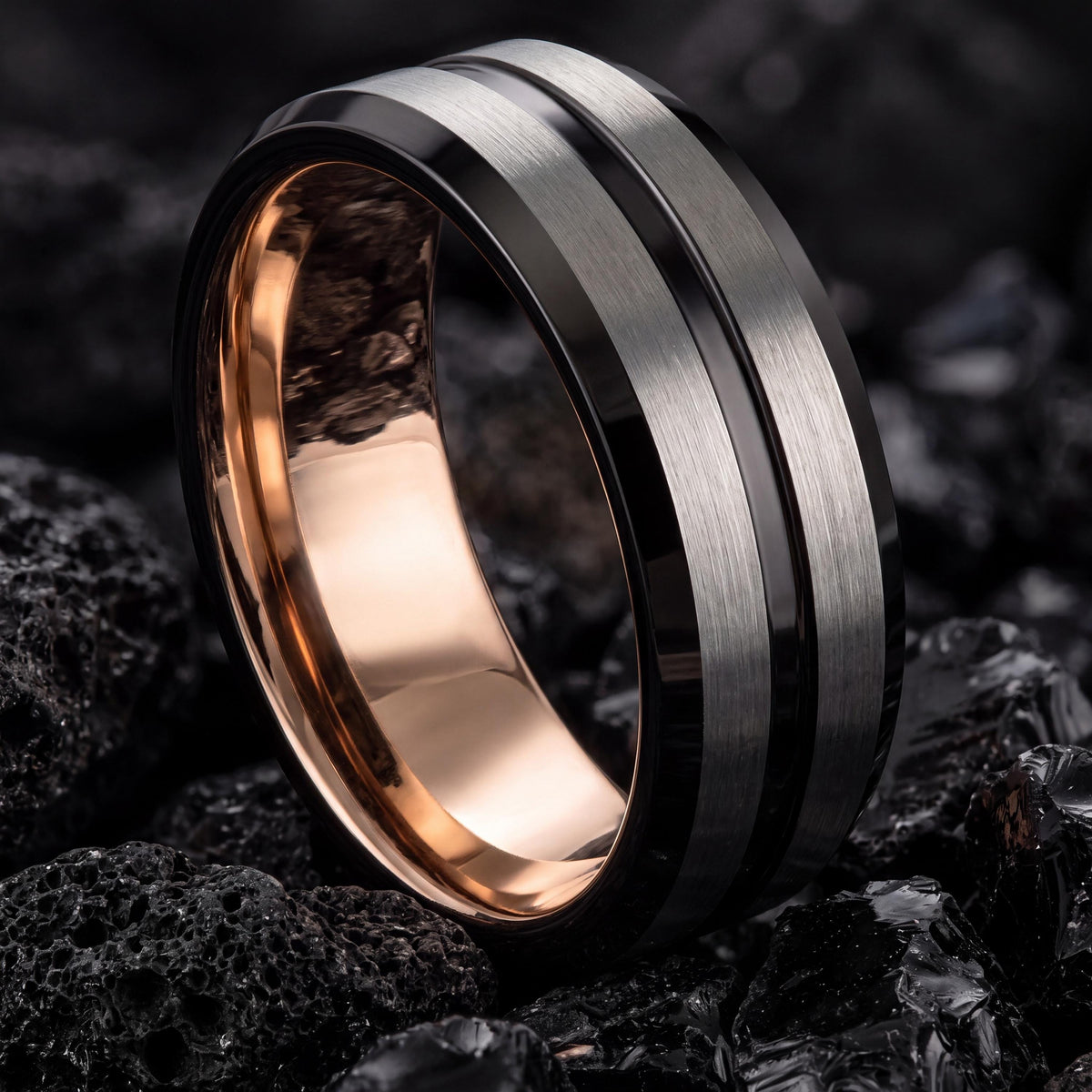 Mens Tungsten Carbide Wedding Band, Black Line, Rose Gold Interior
