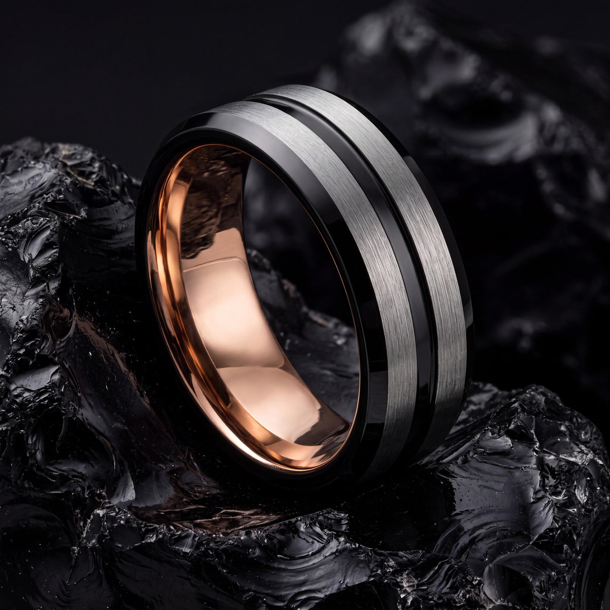 Mens Tungsten Carbide Wedding Band, Black Line, Rose Gold Interior