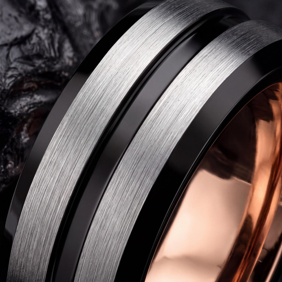 Mens Tungsten Carbide Wedding Band, Black Line, Rose Gold Interior