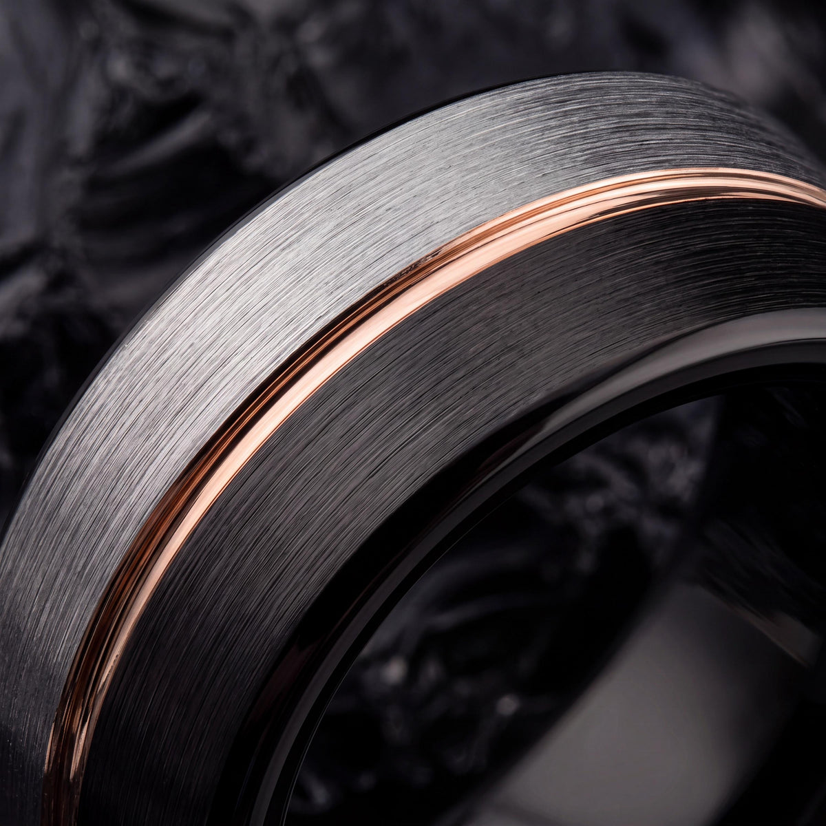 Tungsten Wedding Band, Black & Silver with Rose Gold Inlay