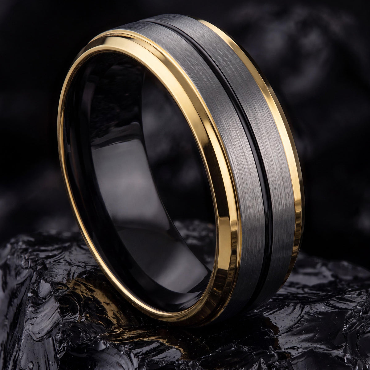 Mens Tungsten Wedding Band,Wedding Band Set His and Hers,Two Tone Mens Wedding Rings,Brushed Gold Ring,Mens Hammered Silver Rings,Black Ring