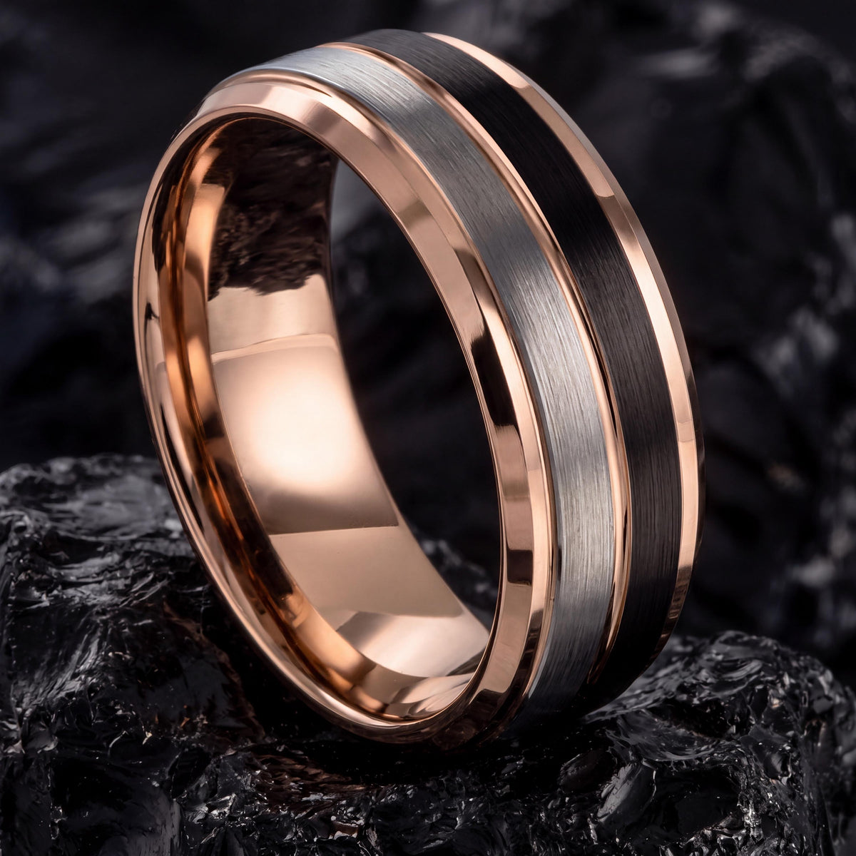 Wedding Band Engagement,Rose Gold and Black Tungsten Wedding Band,Silver Promise Ring Men,Rose Gold Wedding Band Women,Black Wedding Ring,10