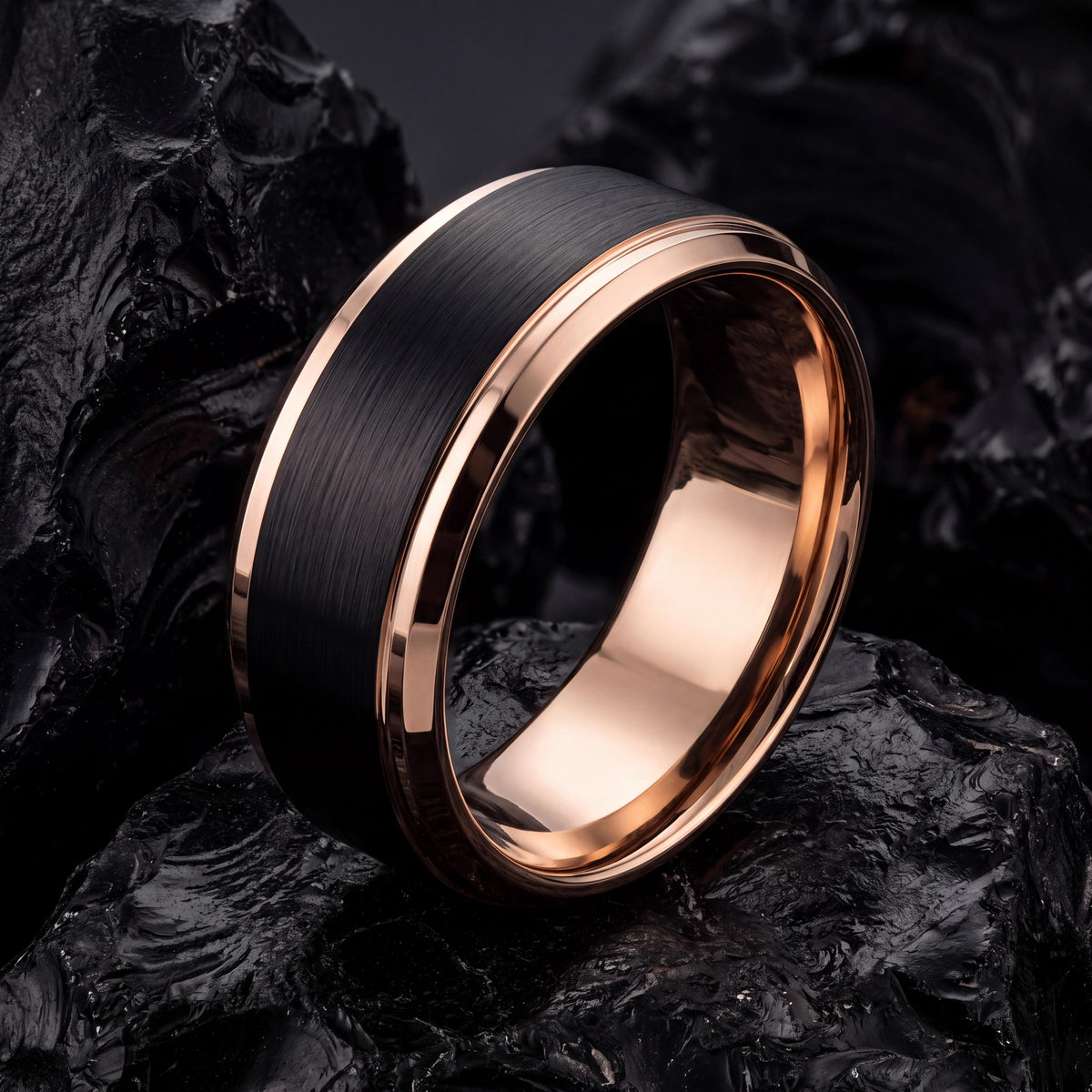 Groomsmen Gifts, Black Rose Gold Tungsten Ring, 8mm Beveled Edge, Custom, Personalized, Minimalist, Handmade, Engraved, Mens Wedding Band