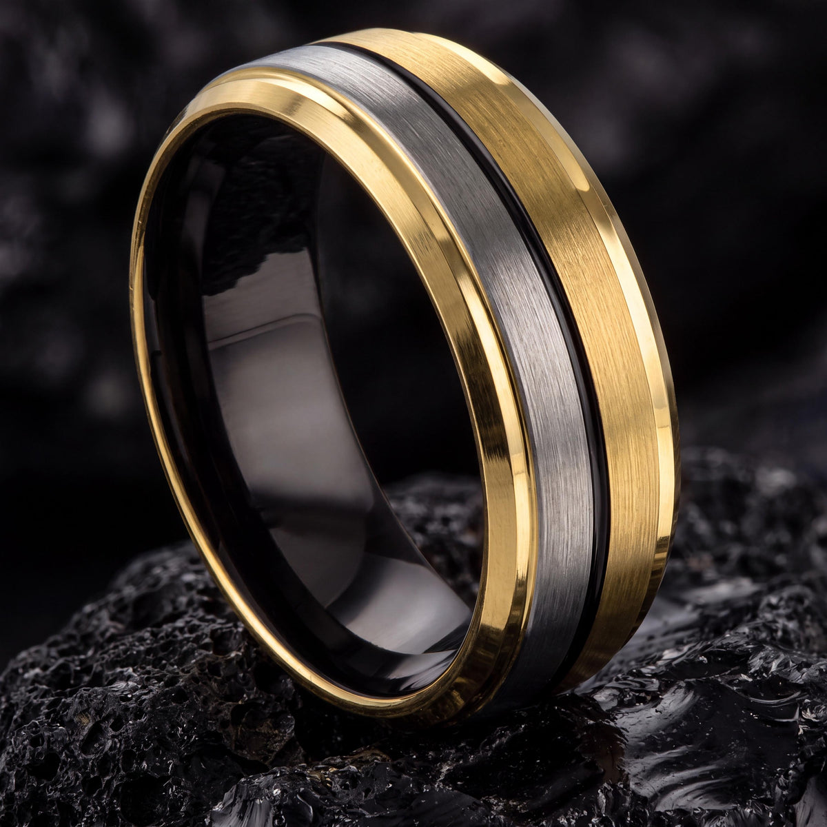 Mens Tungsten Wedding Band,Unique Mens Wedding Band,Unique Mens Wedding Bands,Hammered Ring Gold,Mens Silver Thumb Ring,Black Embellished,10