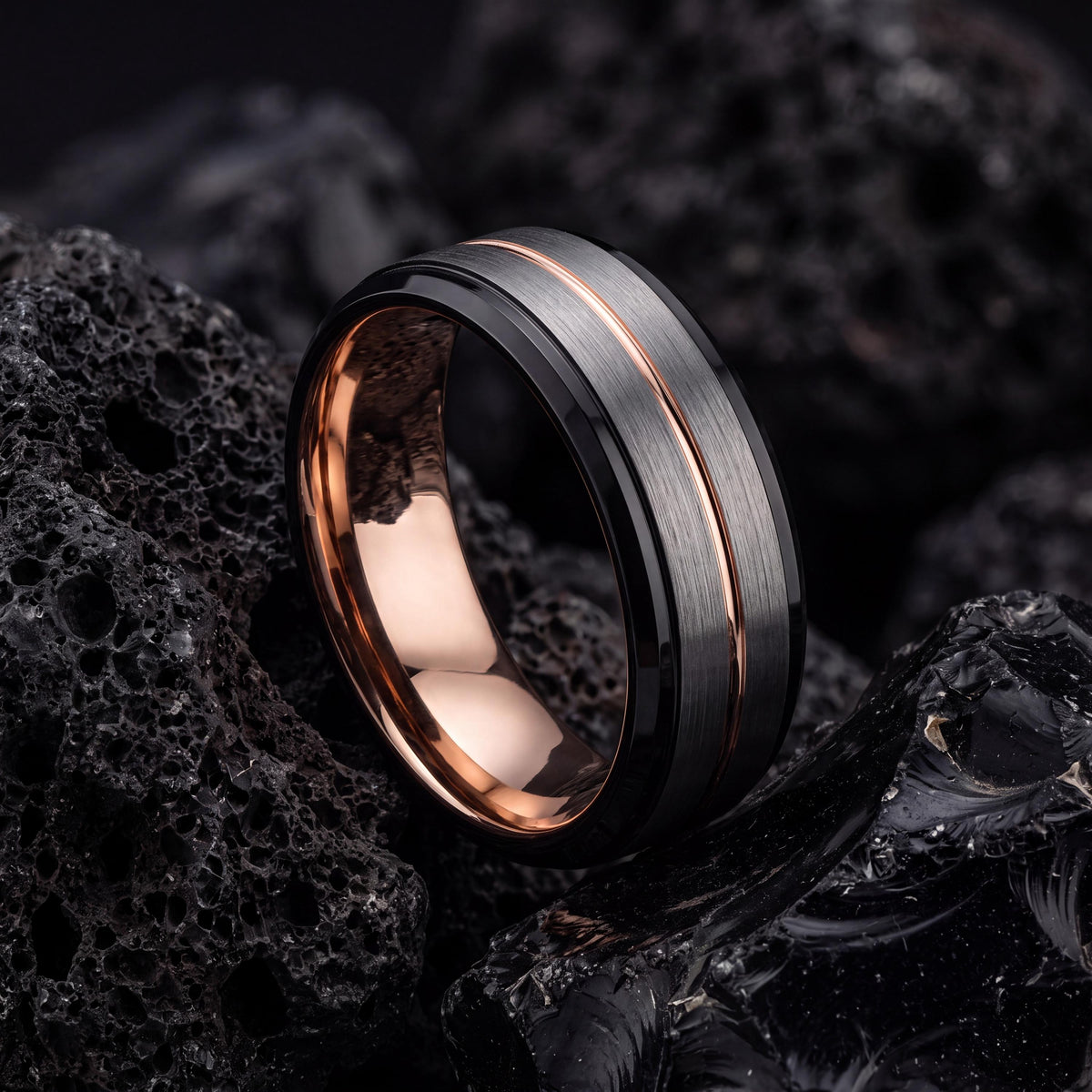 Mens Tungsten Wedding Band,Matching Wedding Bands,Nerdy Wedding Bands,Black Line Rose,Silver Ring Band Size 12,Rose Gold Class Ring,Black,10