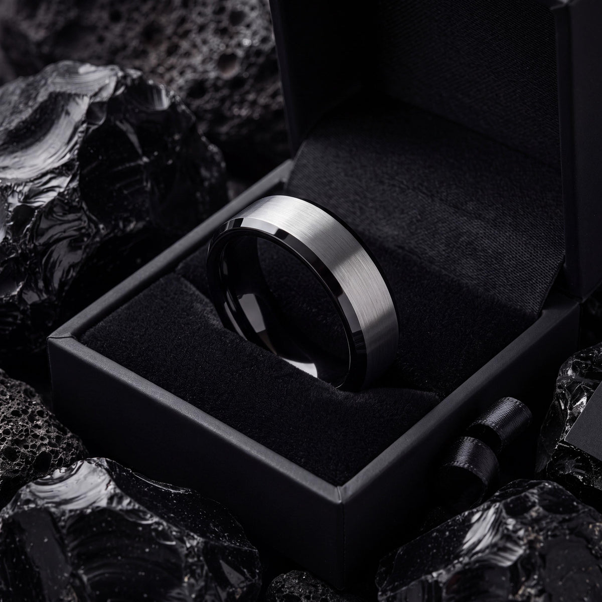 Tungsten Wedding Band, Black and Silver, Engraved Ring