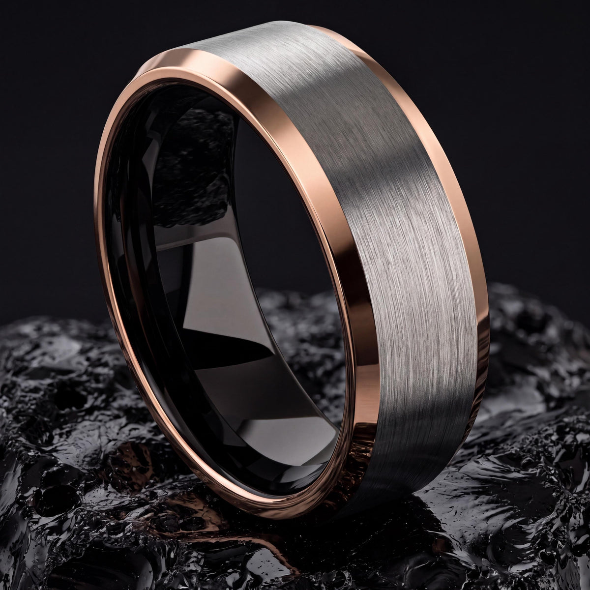 Wedding Bands Set,Narrow Comfort Fit Wedding Band,Rose Gold And Black Tungsten Wedding Band,Jewelry Silver,Rose Gold Class Ring,Black Ring,1