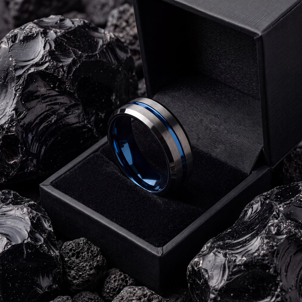 Gunmetal Tungsten Wedding Band, Dusty Blue Centerline, Mens Ring
