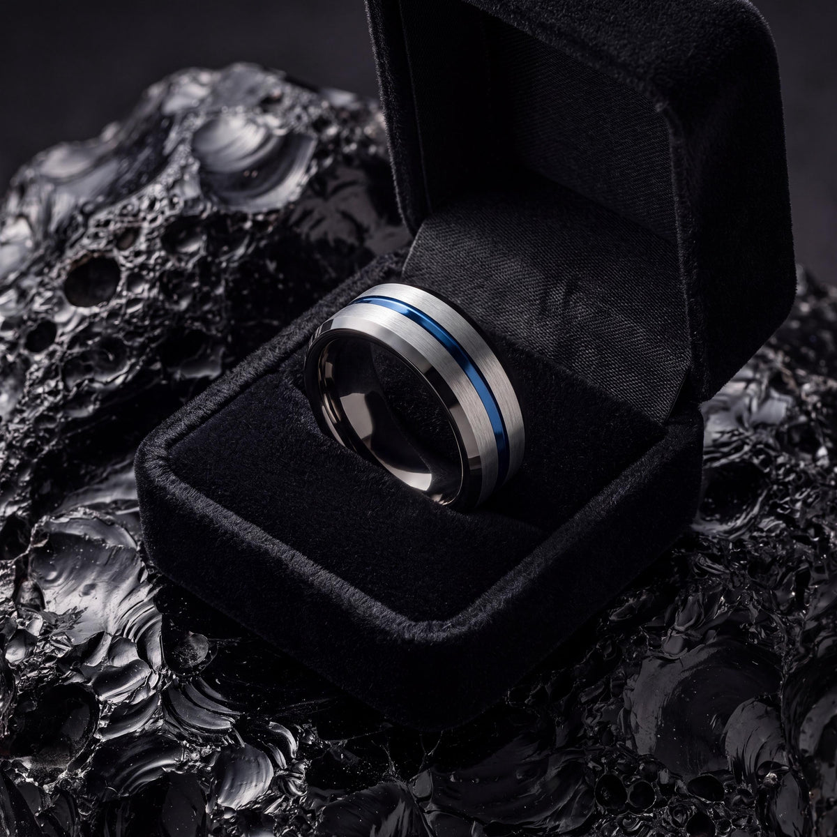 Mens Wedding Band Tungsten,Womens Wedding Bands,Bevel Wedding Band 8Mm,Male Wedding Band Gunmetal 8mm,Womens Silver Rings,Royal Blue,For,Her