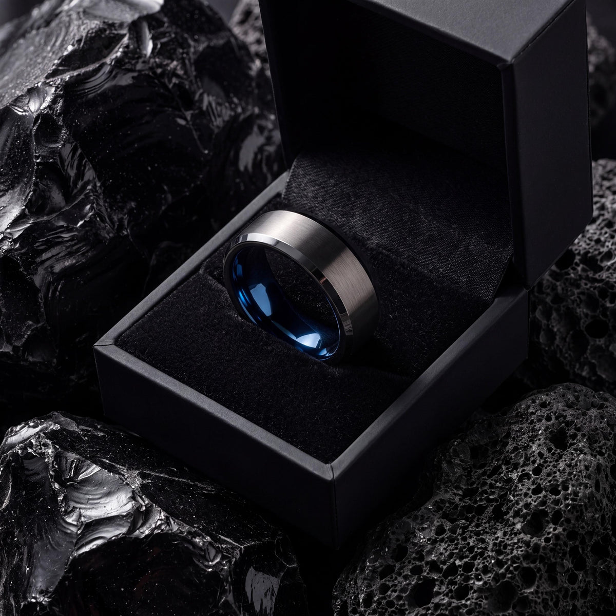 Tungsten Wedding Band,Couples Wedding Bands,Minimal Wedding Band,Male Wedding Band Gunmetal 8mm,Gray Tungsten Wedding Band,Blue Wide Ring,10