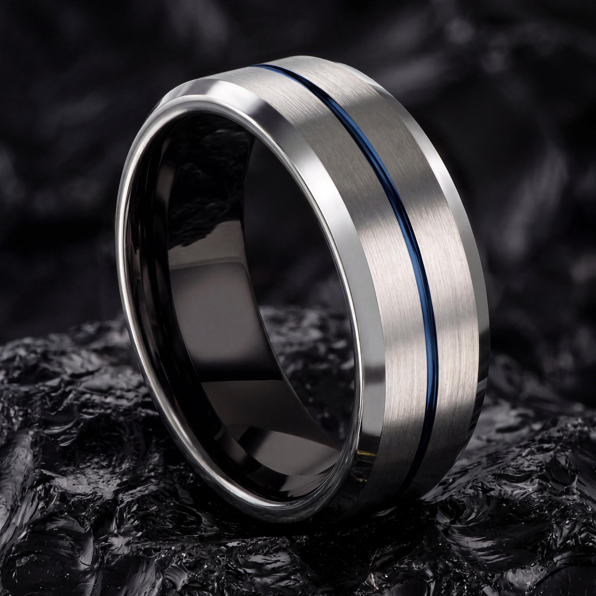 Tungsten Wedding Band,Tungsten Wedding Band,Wedding Bands Set,Matching Wedding Rings,Mens Silver Jewelry,Black Embellished,Mens Rings Blue,8