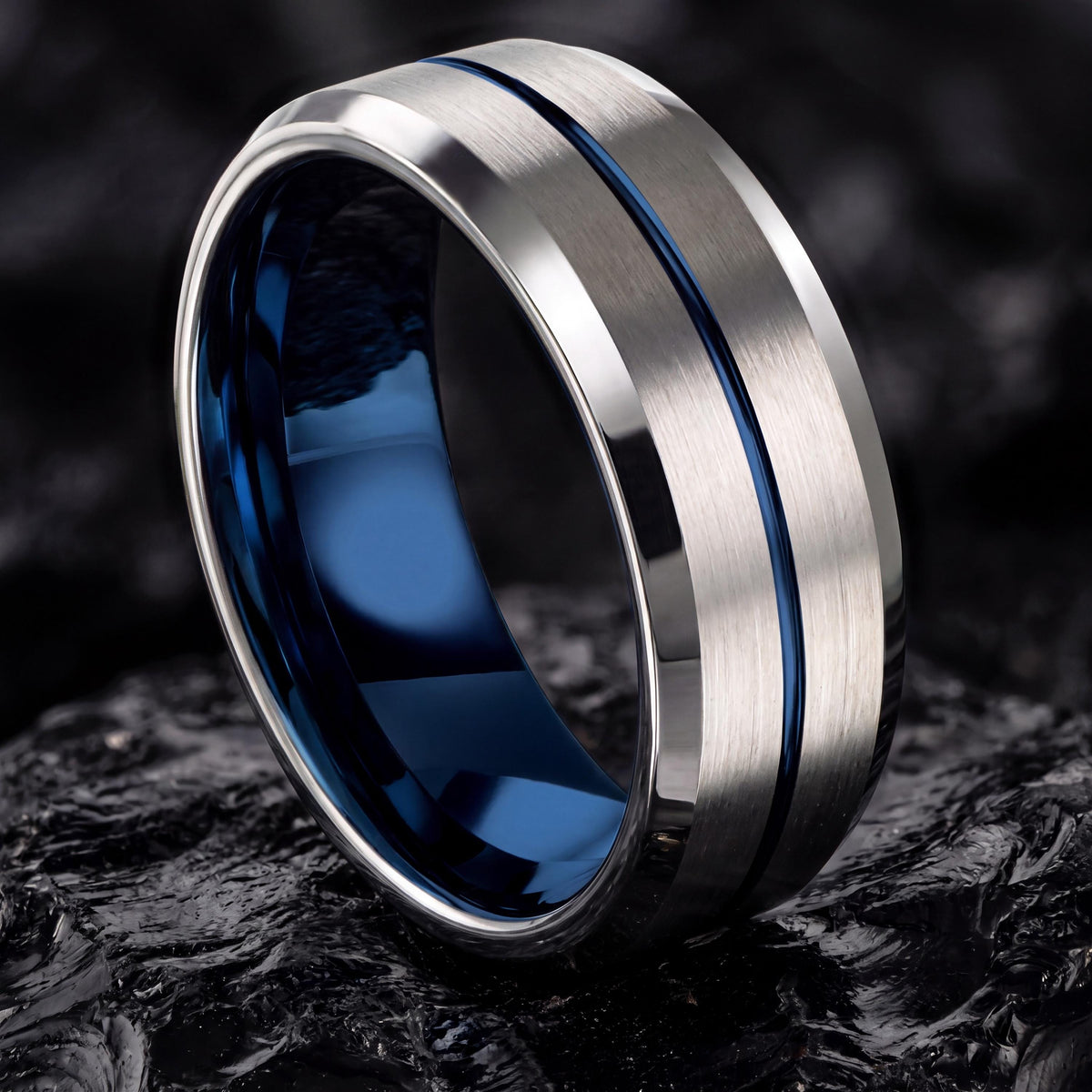 Mens Wedding Band Tungsten,Curved Wedding Band,Wedding Bands Minimalist,Silver Engagement Ring Sturdy,Black Embellished,Blue Wedding Bands,8