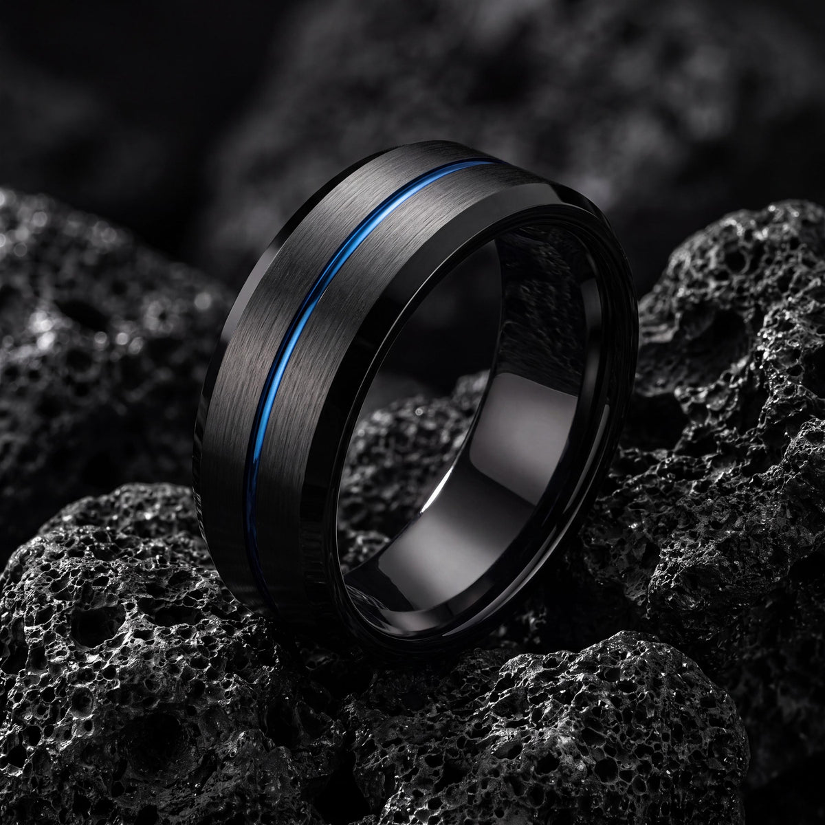Black Tungsten Wedding Band, Thin Blue Line Ring, Mens Wedding Ring, 8mm Blue Groove Beveled Edge, Comfort Fit, Anniversary Gift for Him