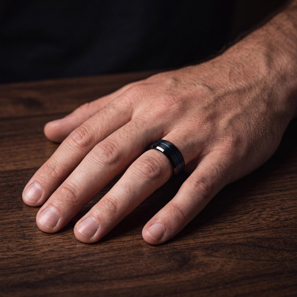 Black Tungsten Wedding Band, Thin Blue Line Ring, Mens Wedding Ring, 8mm Blue Groove Beveled Edge, Comfort Fit, Anniversary Gift for Him