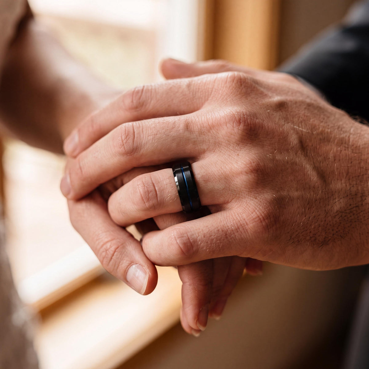 Black Tungsten Wedding Band, Thin Blue Line Ring, Mens Wedding Ring, 8mm Blue Groove Beveled Edge, Comfort Fit, Anniversary Gift for Him