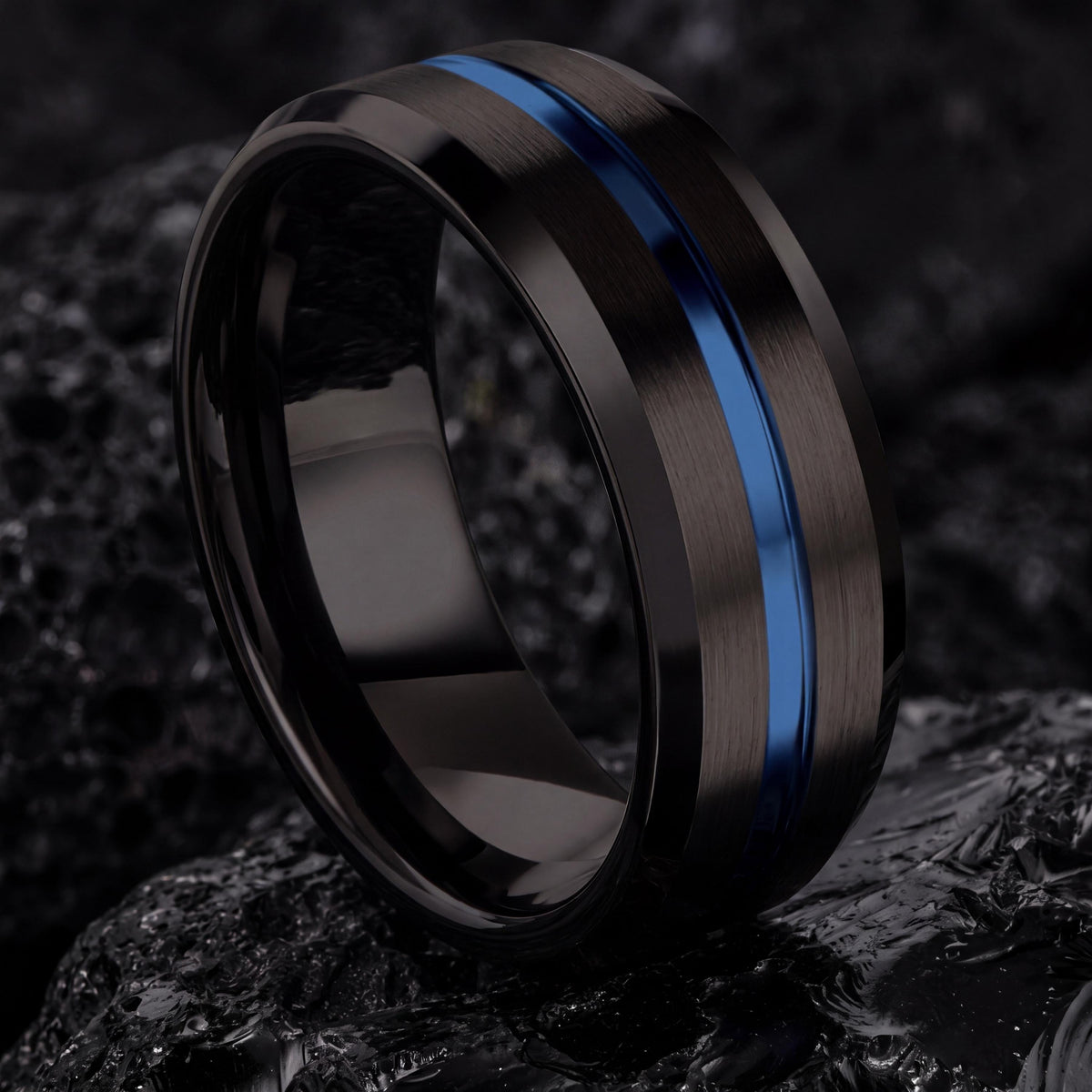Black Tungsten Wedding Band Set, Blue Center Line, Personalized Promise Rings