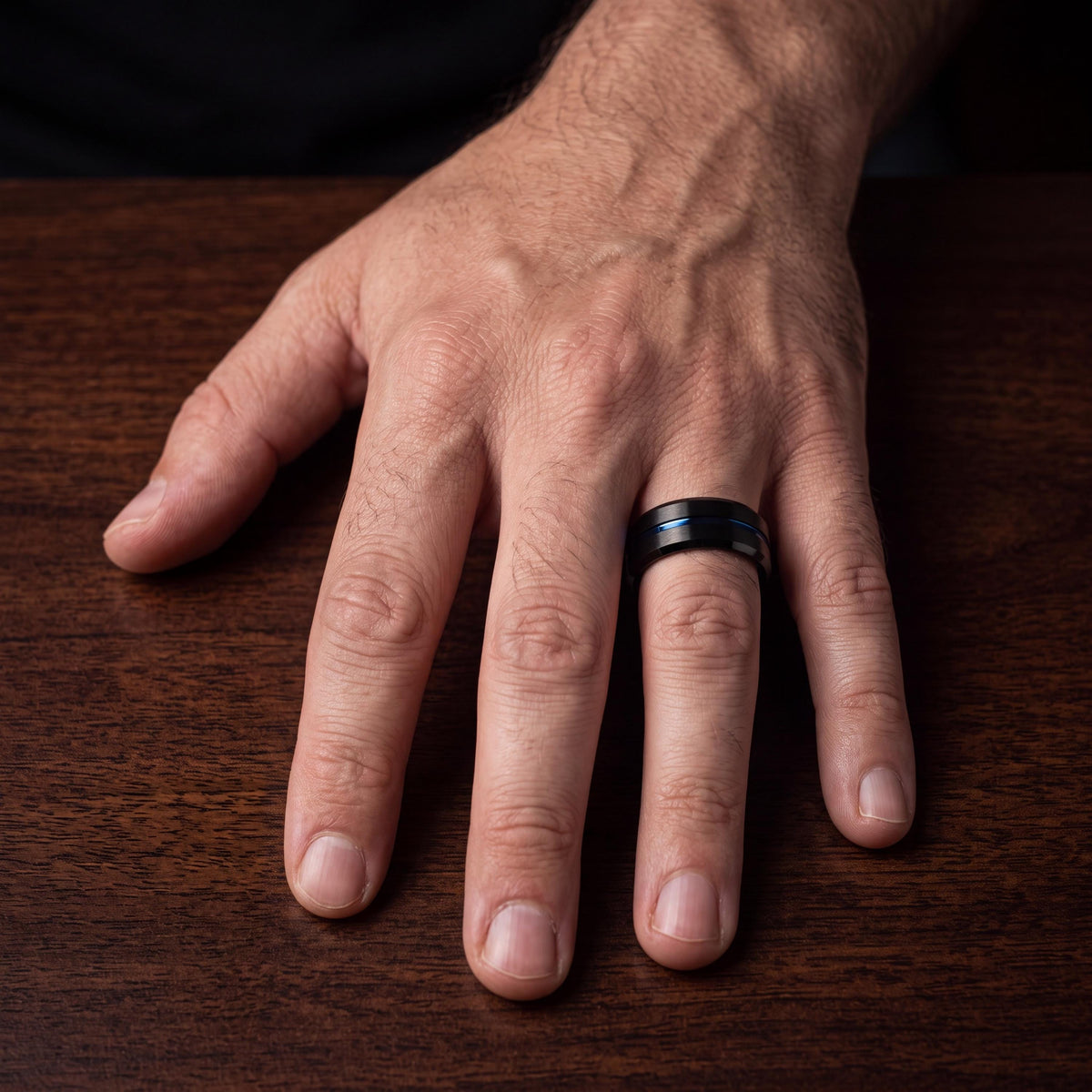 Black Tungsten Wedding Band Set, Blue Center Line, Personalized Promise Rings