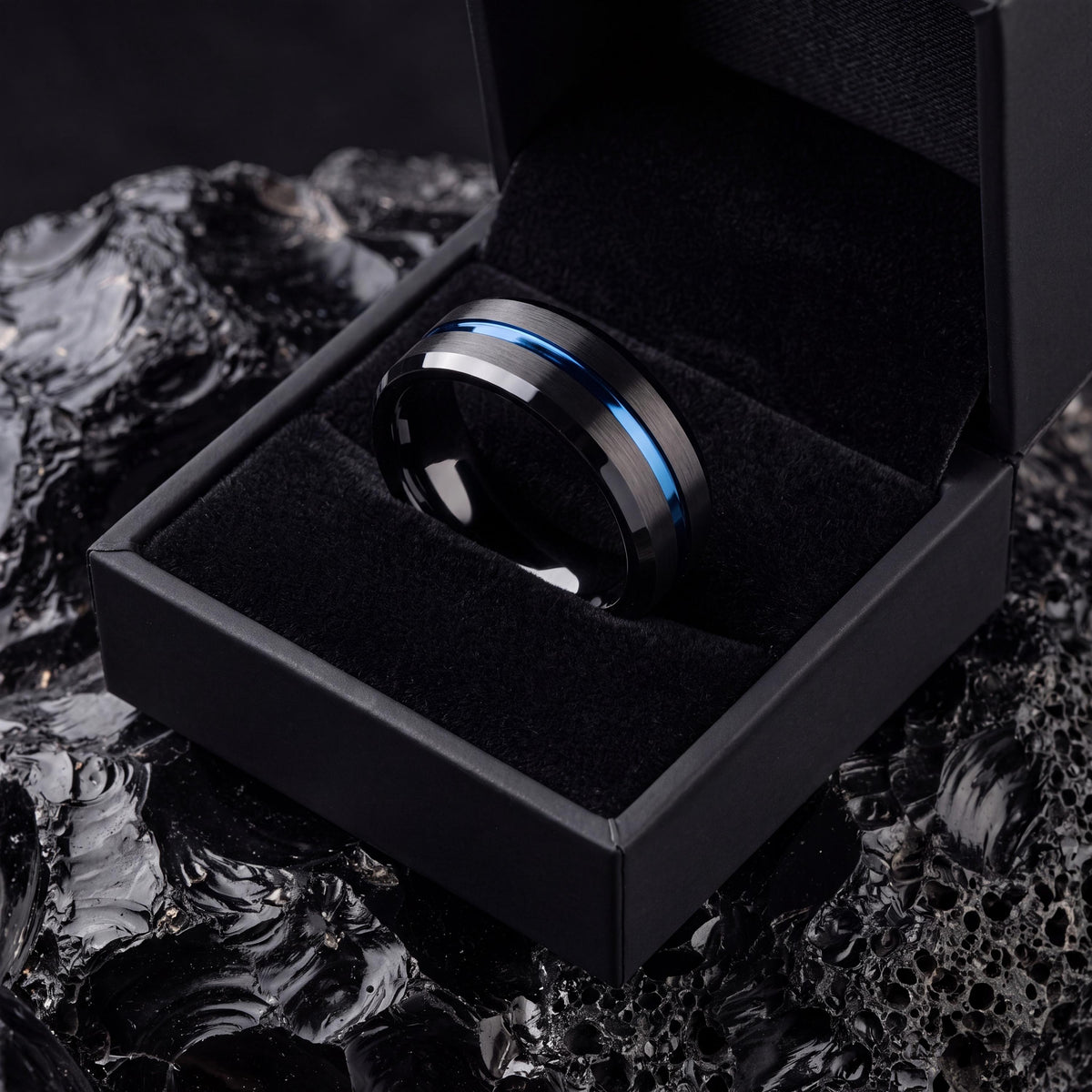 Black Tungsten Wedding Band Set, Blue Center Line, Personalized Promise Rings