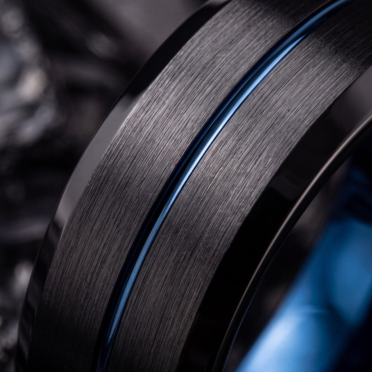 Mens Black Tungsten Wedding Band, Blue Center Line, Bevel Edge