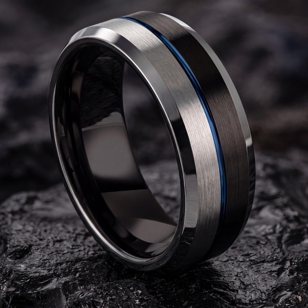 Wedding Band,Mens Wedding Band Tungsten,Unique Wedding Rings,Bevel Wedding Band 8Mm,Silver Rings,Black Wedding Band Men,Dusty Blue Wedding,8