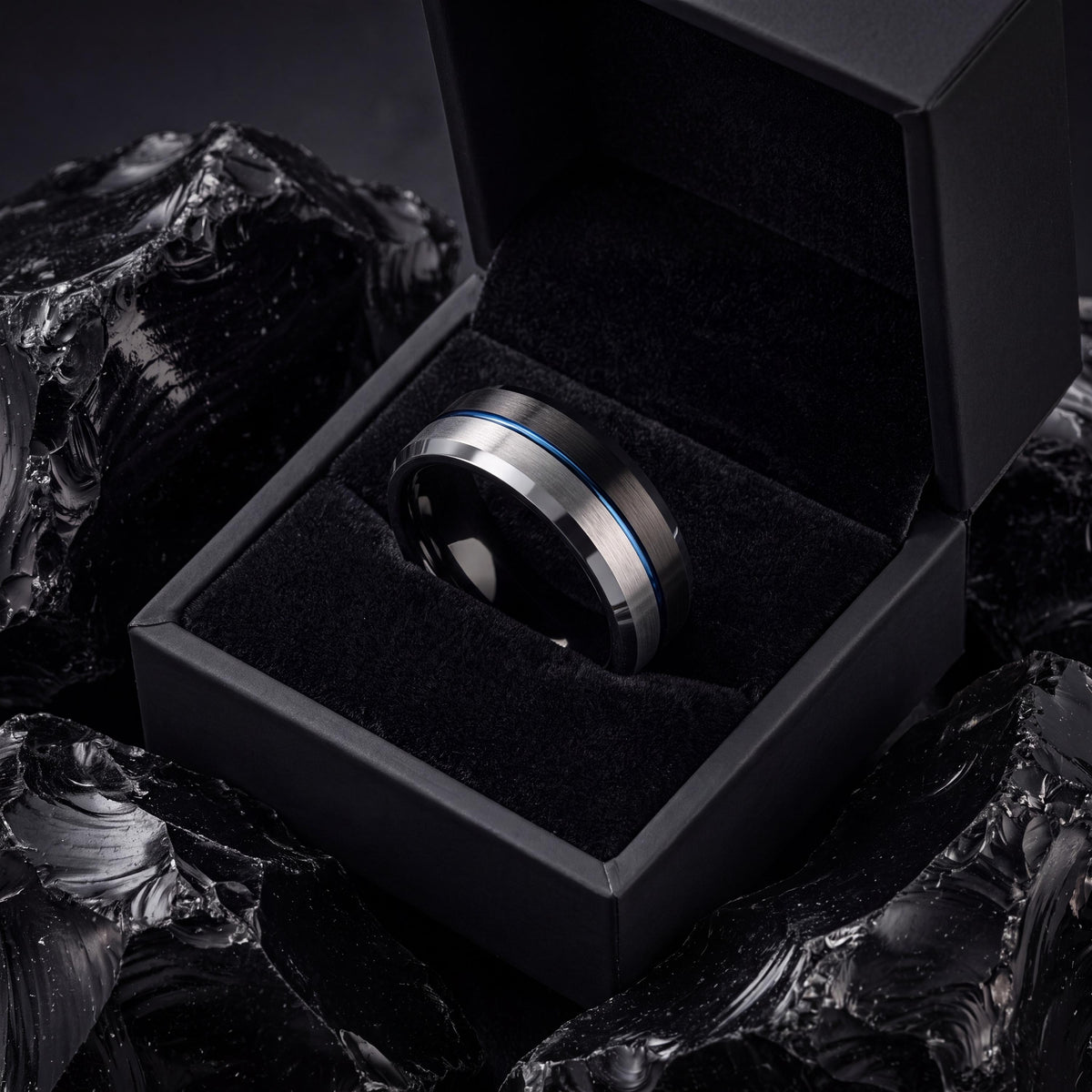 Wedding Band,Mens Wedding Band Tungsten,Unique Wedding Rings,Bevel Wedding Band 8Mm,Silver Rings,Black Wedding Band Men,Dusty Blue Wedding,8