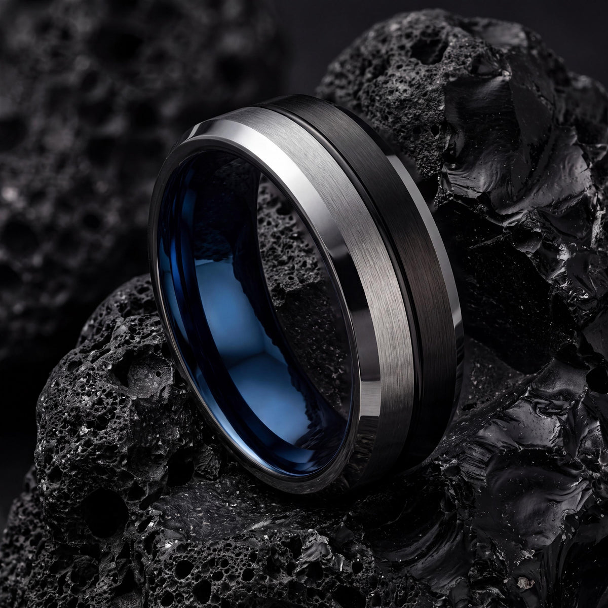 Mens Tungsten Wedding Band, Black Silver Ring, Beveled Edge