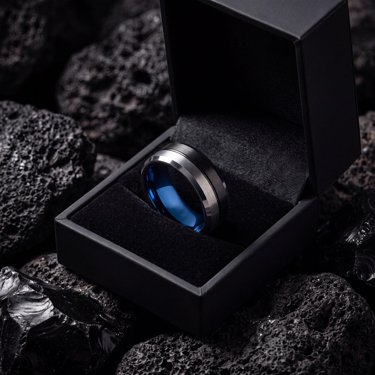 Mens Tungsten Wedding Band, Black Silver Ring, Beveled Edge