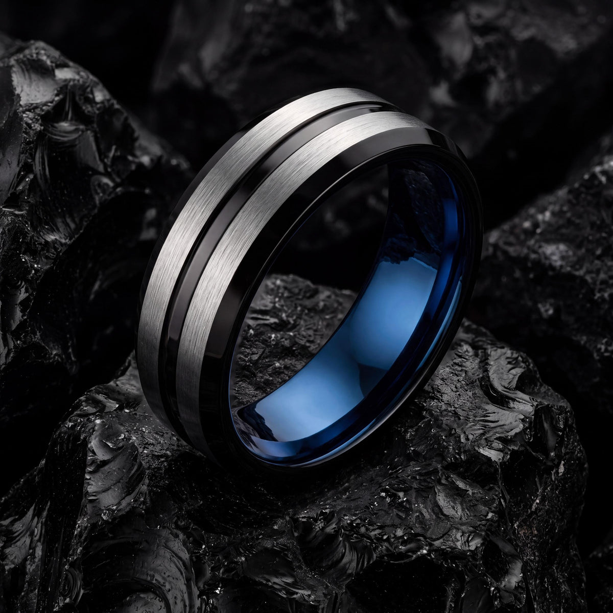 Wedding Bands,Mens Tungsten Wedding Band,Unique Wedding Rings,Couple Wedding Bands,Hammered Silver Ring Women,Black Rings,Blue Wedding Bands